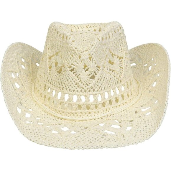 Cream Western Style Beige Cowboy Straw Hat & Rolled Brim One Size Fits Most Plai - Picture 5 of 5